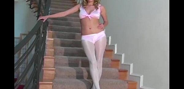  Nylon fetish blonde babe tease on stairs